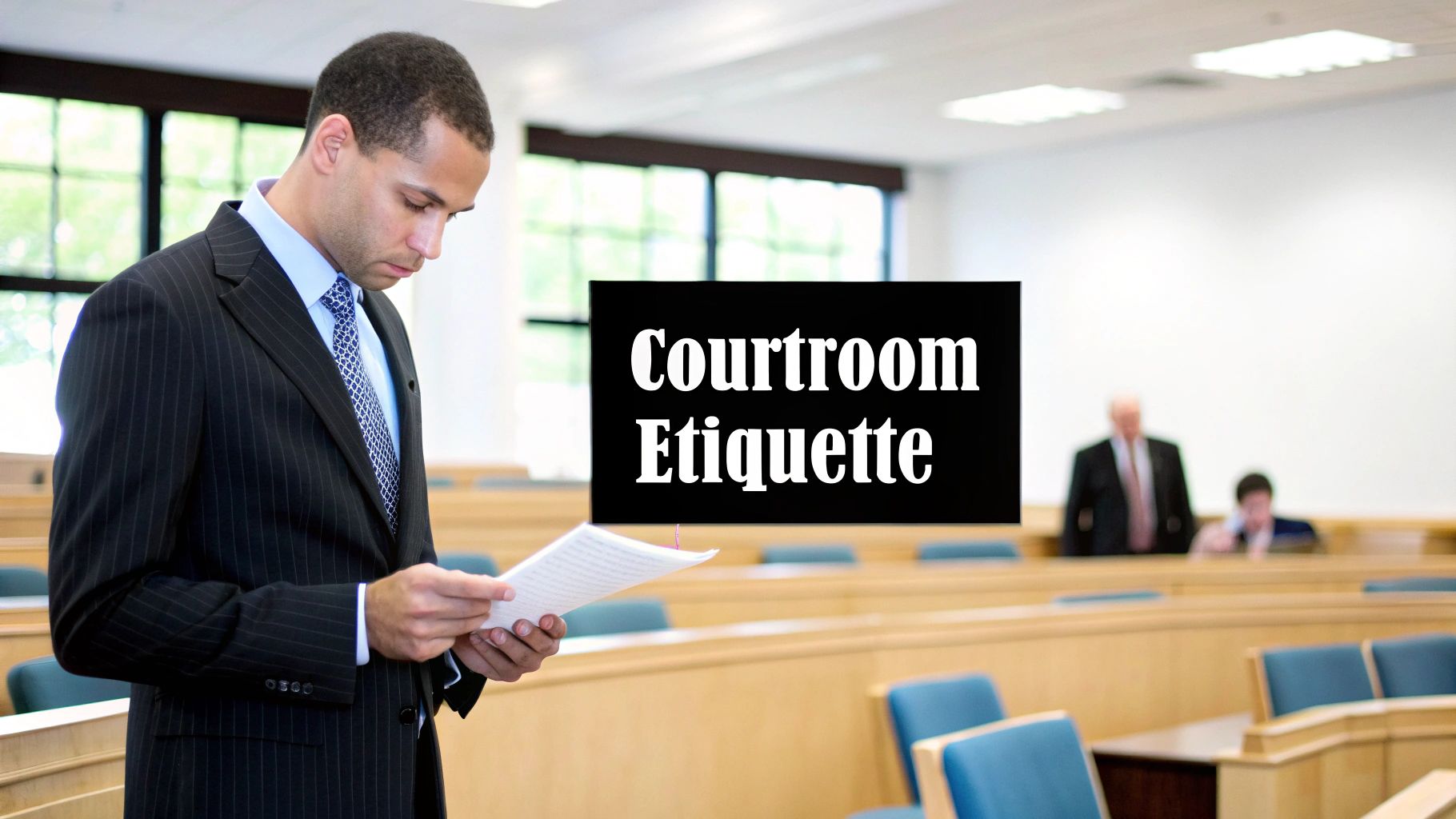 Man in a suit reviewing notes in a courtroom setting, with "Courtroom Etiquette" text overlay, highlighting the importance of legal preparation and courtroom conduct.