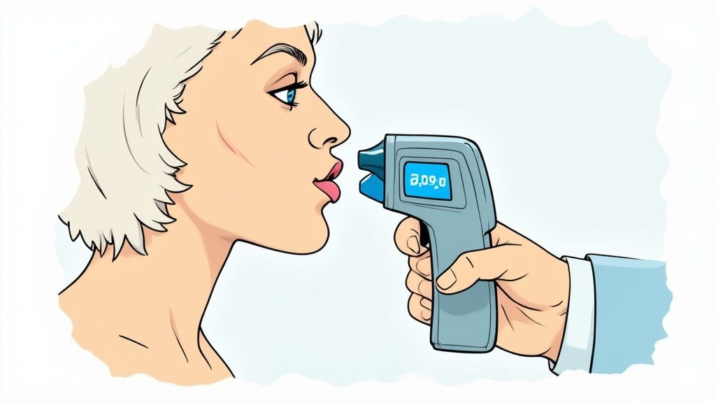 Person exhaling into a breathalyzer device displaying a low blood alcohol concentration reading, illustrating the seriousness of DWI laws and penalties for drivers under 21 in Texas.