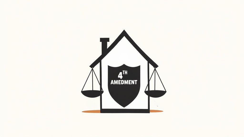 Can Police Search My Home Without a Warrant in Texas? 14 House illustration featuring the scales of justice and the text "4TH AMENDMENT," symbolizing constitutional protection against warrantless searches and the importance of individual rights in Texas law.