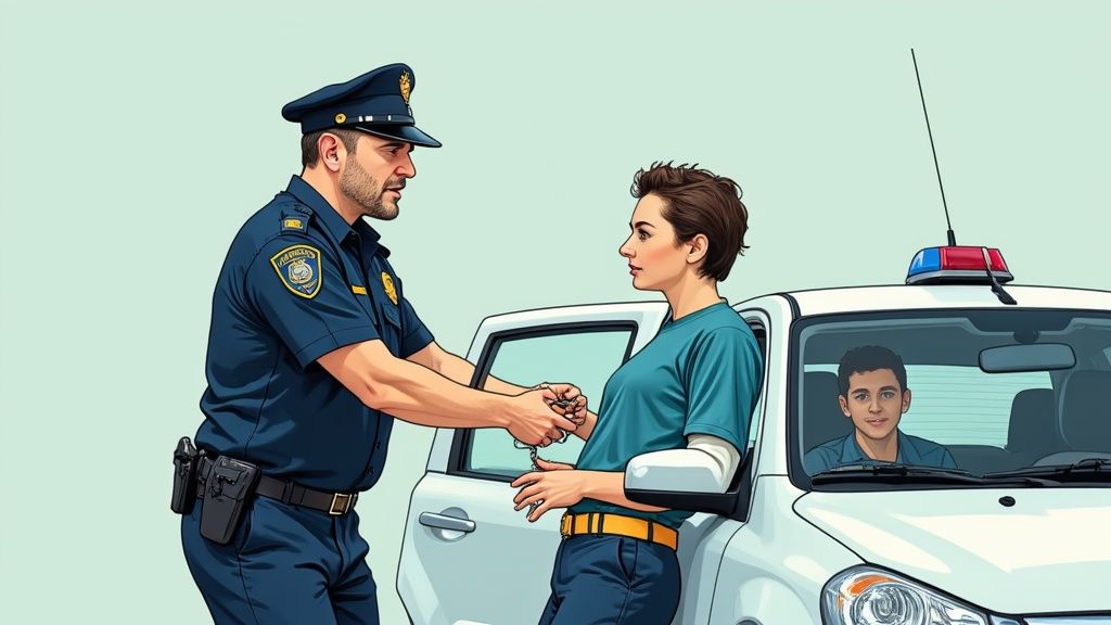 Police officer conducting a traffic stop, handcuffing a woman in a vehicle, with a young man in the driver's seat, illustrating legal implications of vehicle searches and probable cause.