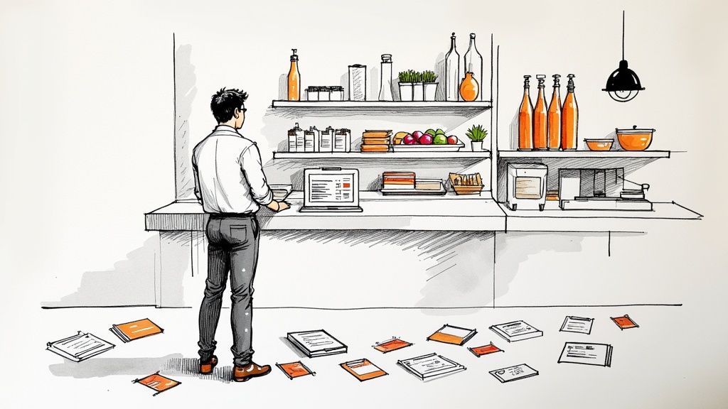 Illustration of a man managing food inventory on a laptop, with ingredients on shelves and papers on the floor.