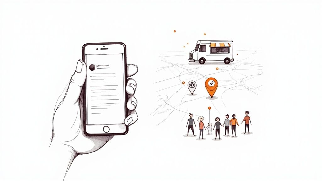 A friendly food truck owner handing food to a customer through the service window.