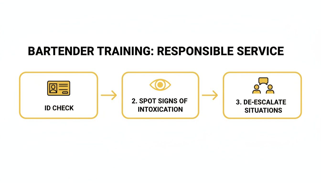 A flowchart outlining three essential steps for responsible bartender training: ID check, spotting signs of intoxication, and de-escalating situations.
