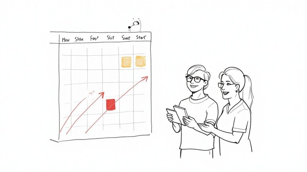 A restaurant team gathered for a positive pre-shift meeting, smiling and engaged.