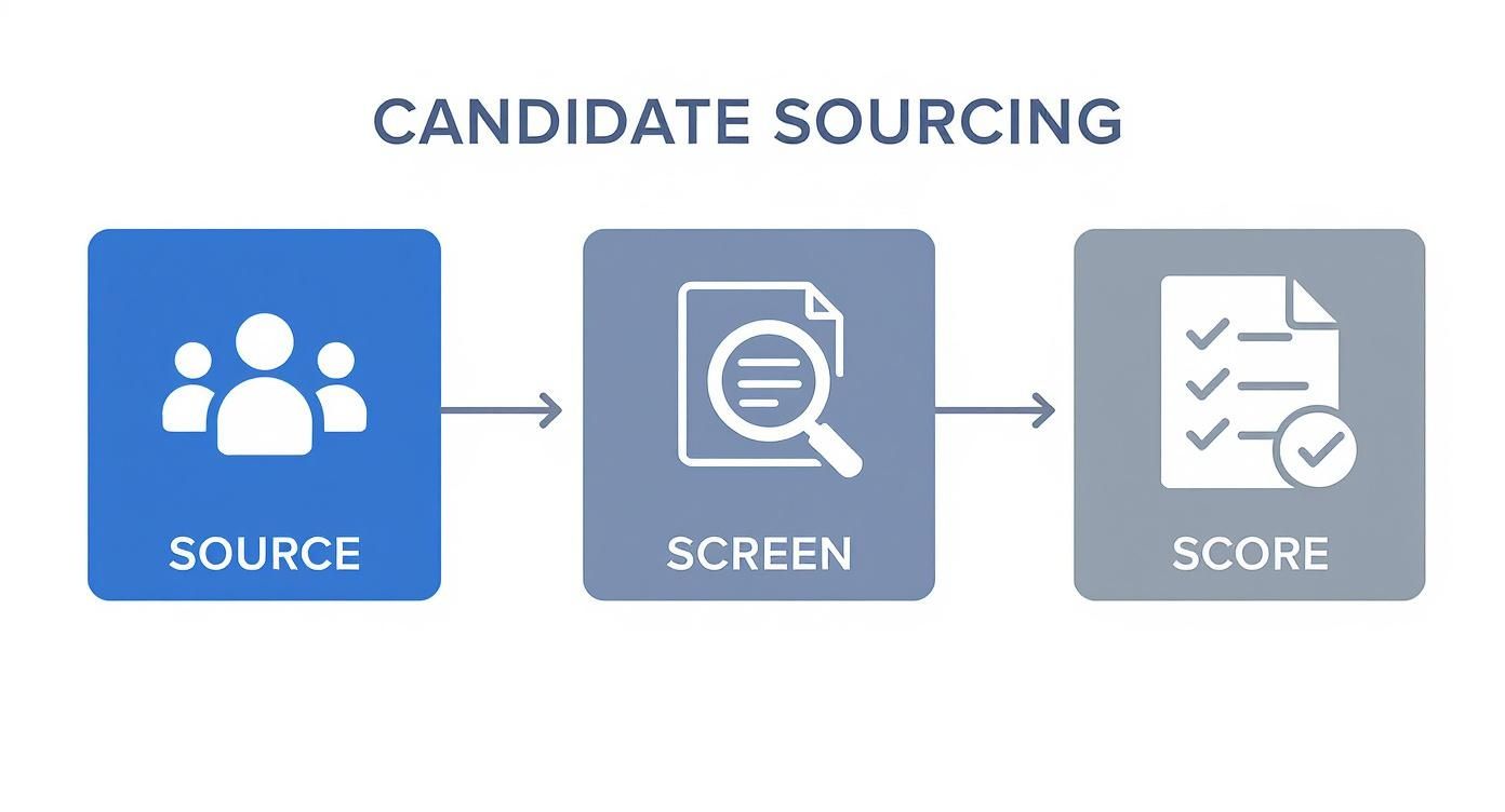 Infographic displaying candidate sourcing process steps: source (people), screen (magnifying glass), and score (checklist).