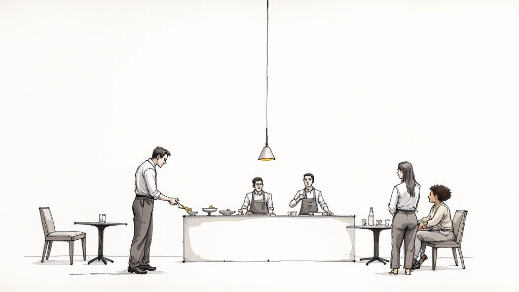 A bustling restaurant with chefs preparing dishes in a stainless steel kitchen, representing a live practice environment.