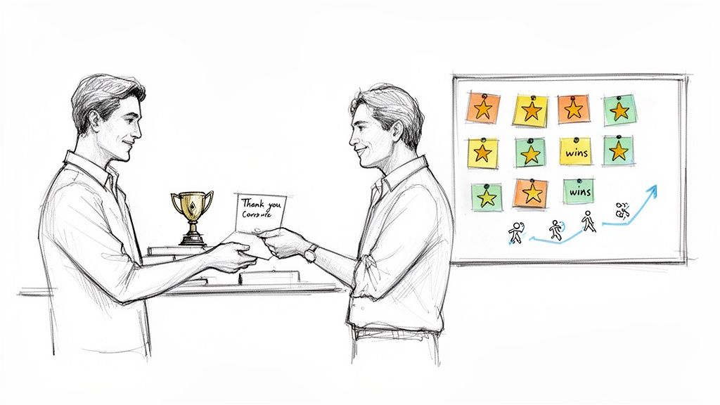 Two men exchange a thank you card, symbolizing employee recognition and workplace achievement.