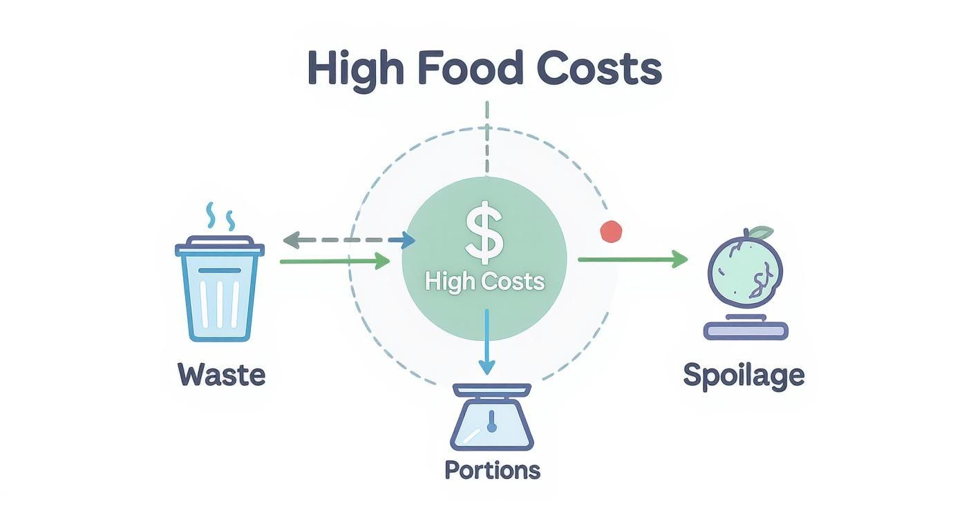 Diagram illustrating high food costs with arrows pointing to waste, spoilage, and portions.