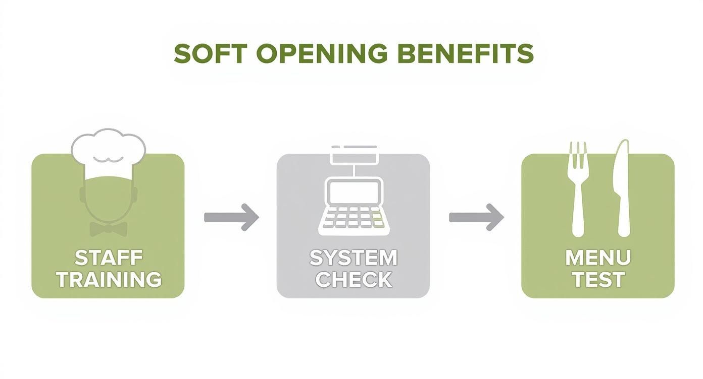 Infographic detailing the process flow of a restaurant soft opening, showing icons for staff training, system checks, and menu testing.