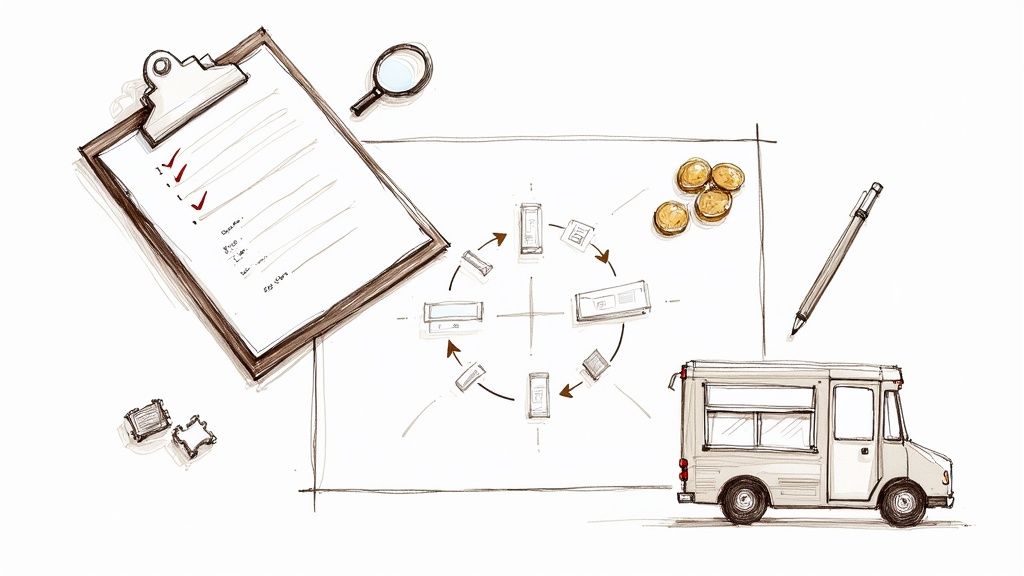 A person signing official documents for their food truck business