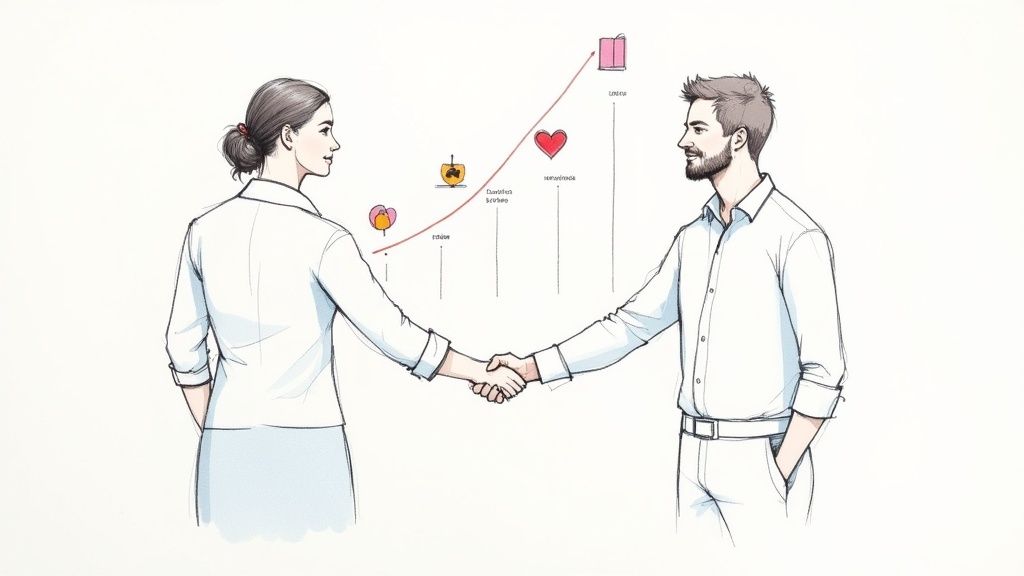 Two professionals shaking hands, with a rising growth graph illustrating stages of progress and development.