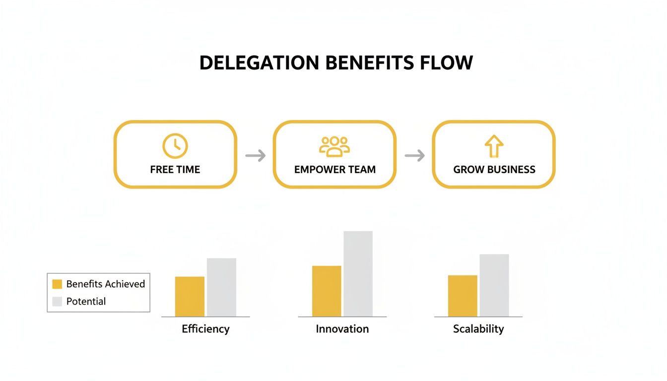 Delegation benefits flow: free time leads to empowered teams and business growth, with achieved efficiency, innovation, and scalability.