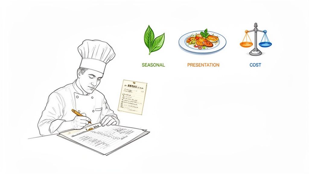 A chef meticulously plans a menu, balancing seasonal ingredients, food presentation, and cost considerations.