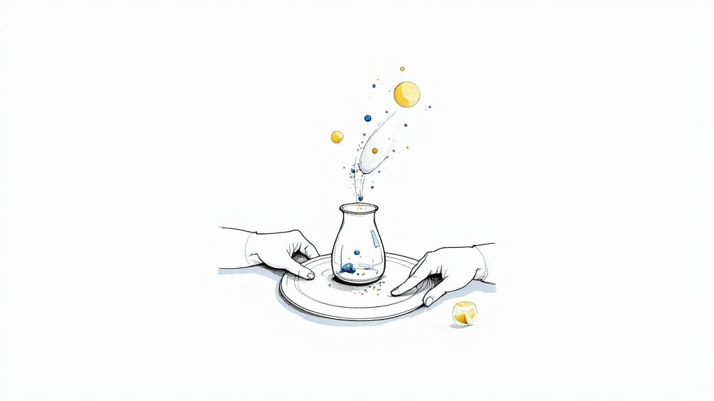 Creative culinary illustration: hands, a vase, a spoon, and floating blue and yellow spheres.