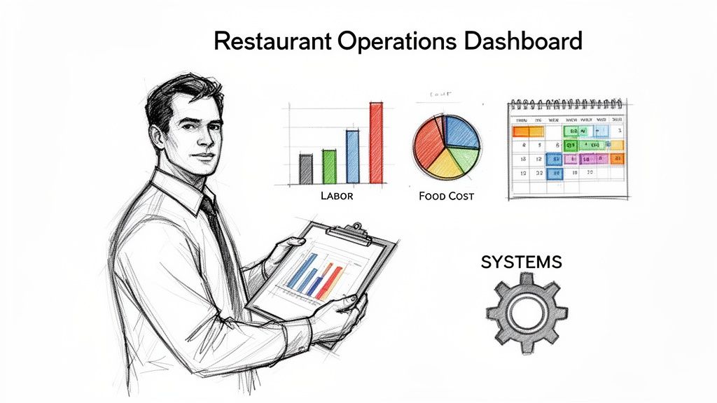 Sketch of a man reviewing a restaurant operations dashboard with labor, food cost, and systems data.