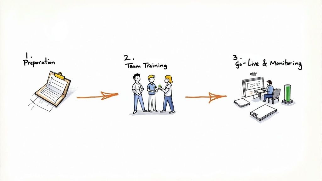An illustrated three-step process showing preparation, team training, and go-live and monitoring with arrows.