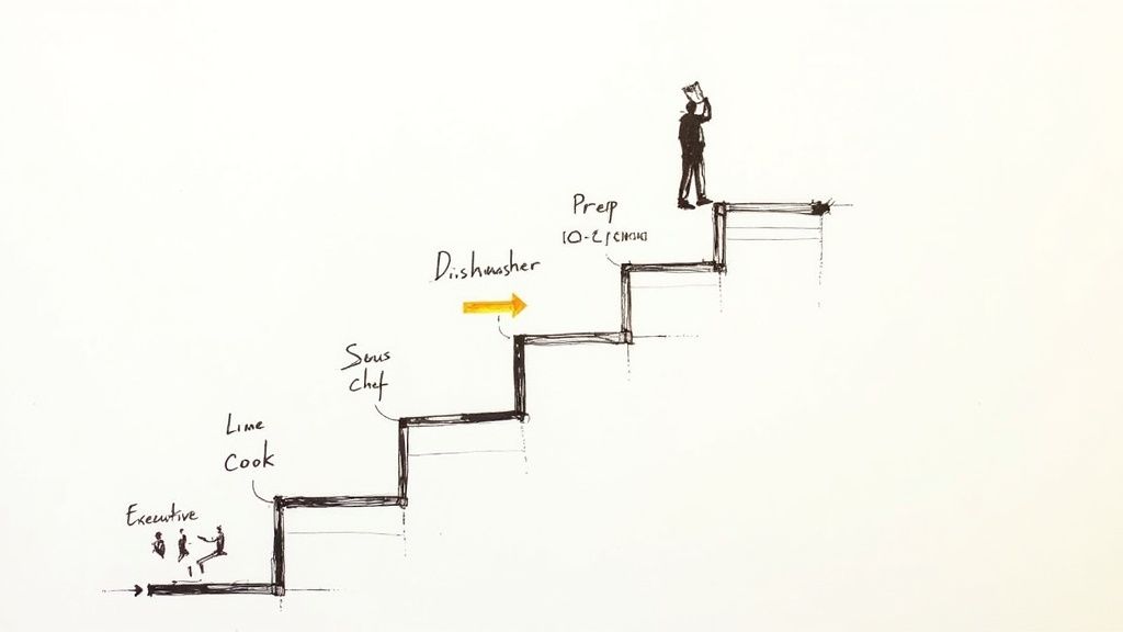 A seasoned chef mentoring a junior cook in a professional kitchen, illustrating career progression.