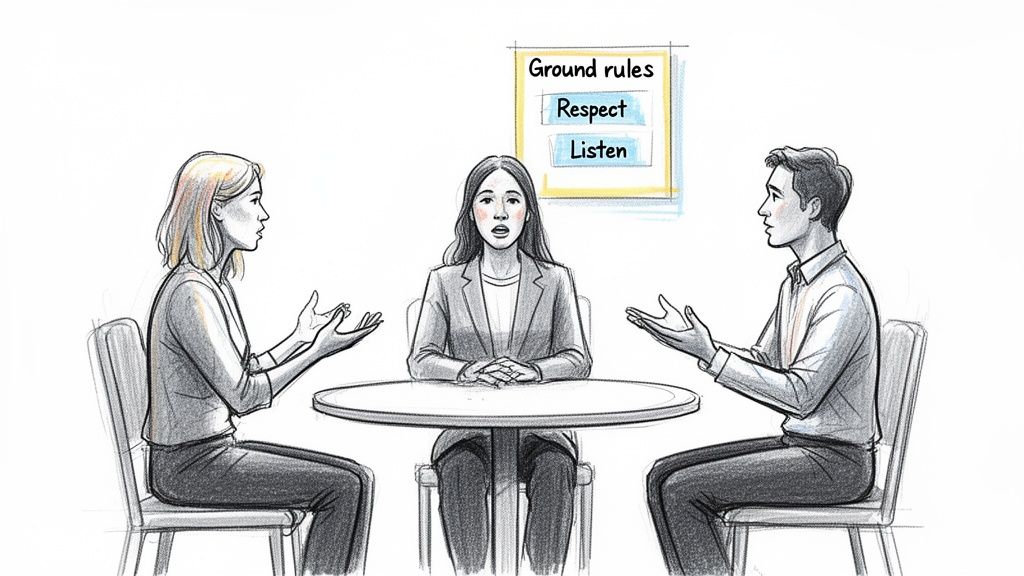 Three people around a table, two discussing animatedly, one mediating, with ground rules of respect and listen displayed. How to Handle Employee Conflicts
