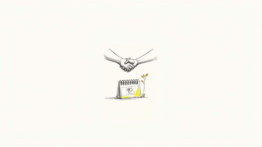 A drawing of a handshake above a desk calendar displaying '90' and a small growing plant.