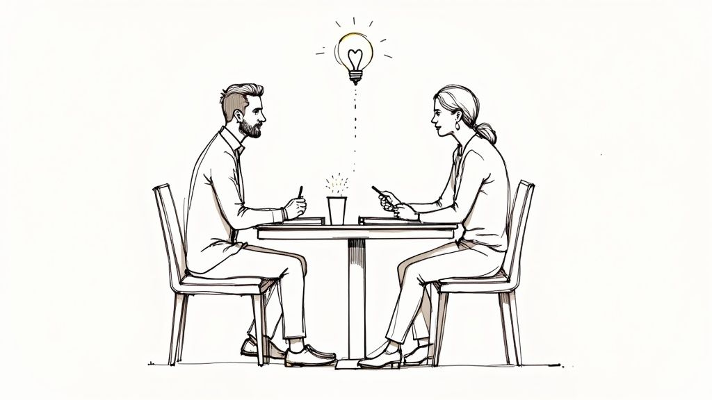 A restaurant manager training new staff members on a tablet.