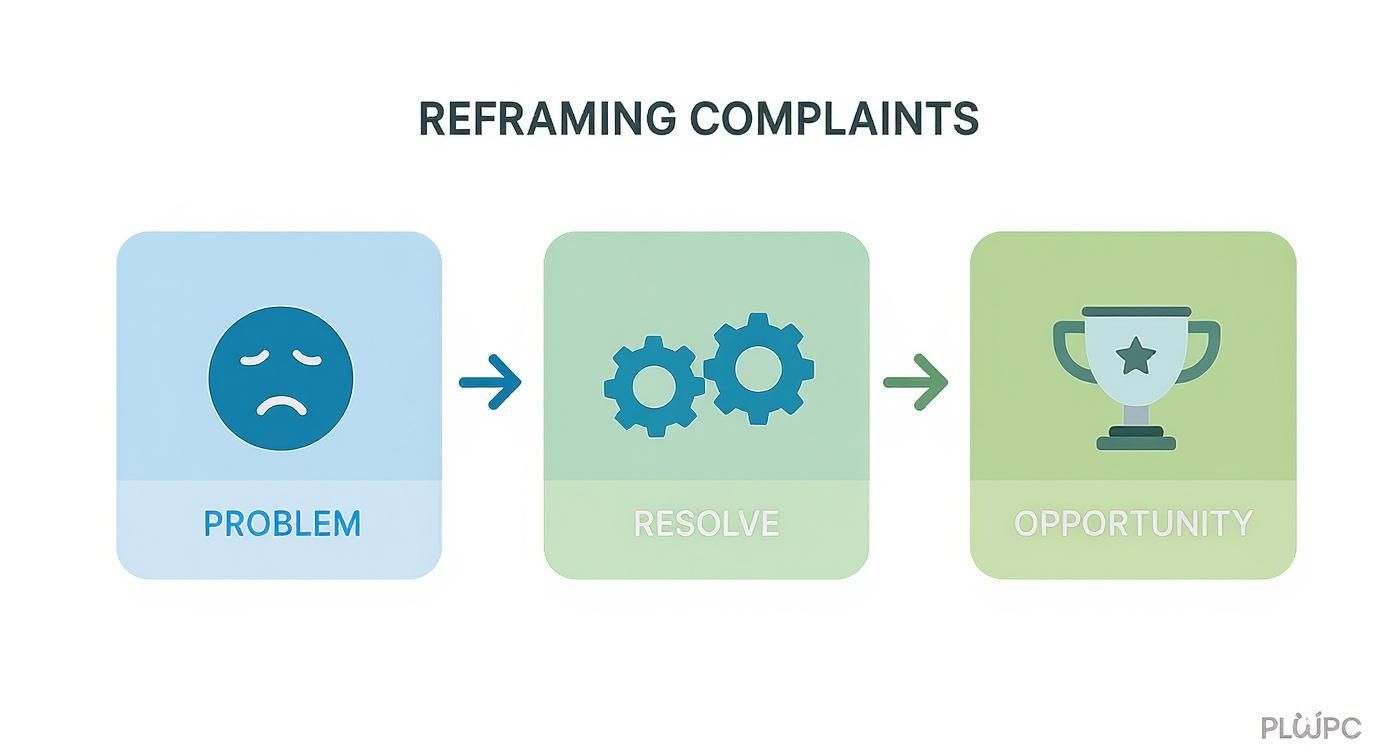 A diagram illustrates reframing complaints: problem (sad face) leads to resolve (gears), creating an opportunity (trophy).