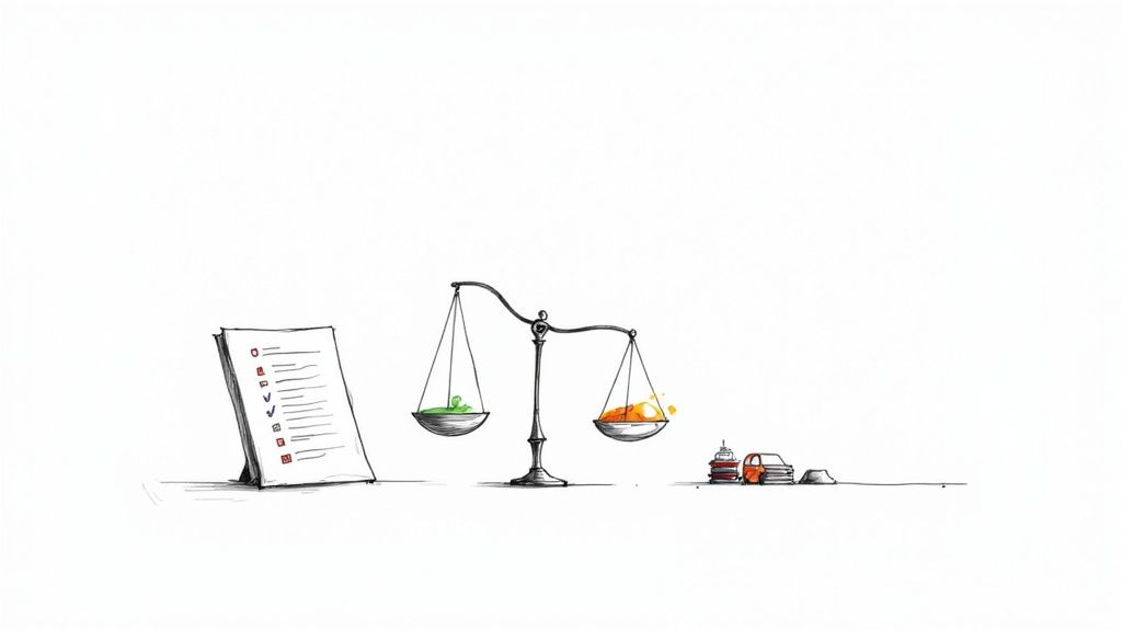 Balance scale with food items beside checklist and books representing restaurant employee handbook policies