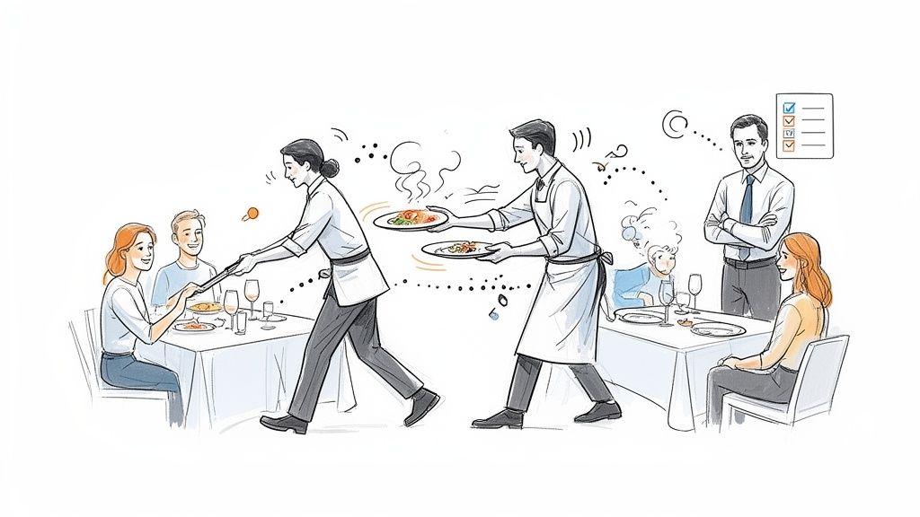 Illustration of waiters serving food to customers in a bustling restaurant, overseen by a manager.