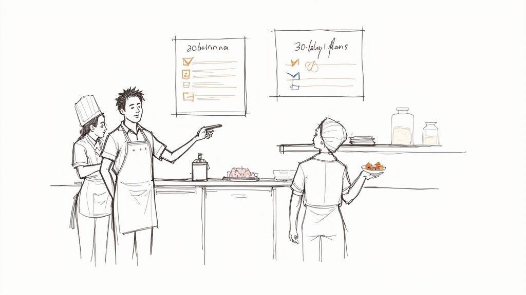 A restaurant manager reviewing a digital schedule on a tablet with two staff members.