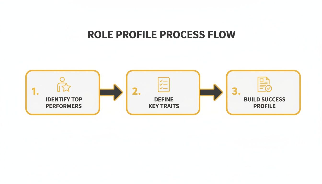 Personality assessments for hiring: A process flow diagram showing three steps: Identify Top Performers, Define Key Traits, and Build Success Profile.