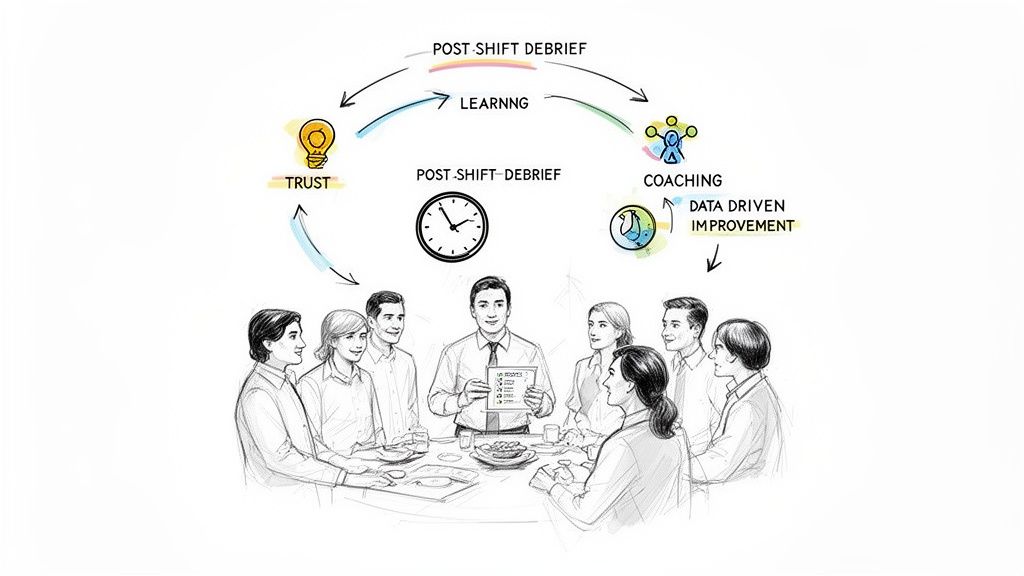 A team discussing at a table, following a continuous improvement cycle of debrief, trust, learning, and coaching.