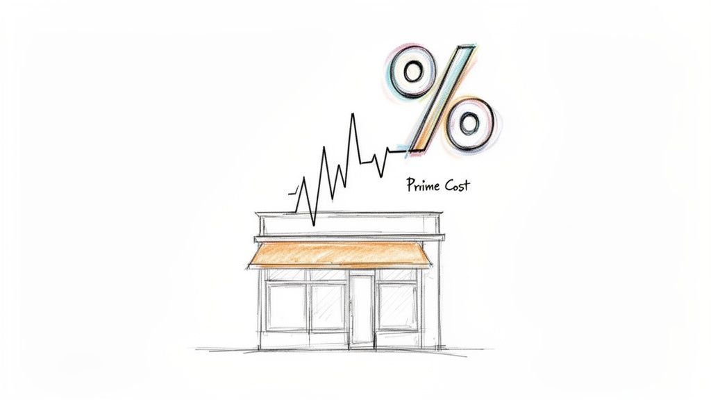 Sketch of a small shop with a rising prime cost graph and a percentage symbol.