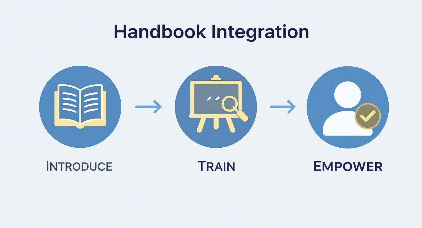 Three-step handbook integration process showing introduce, train, and empower phases with icons for book, presentation board, and verified user