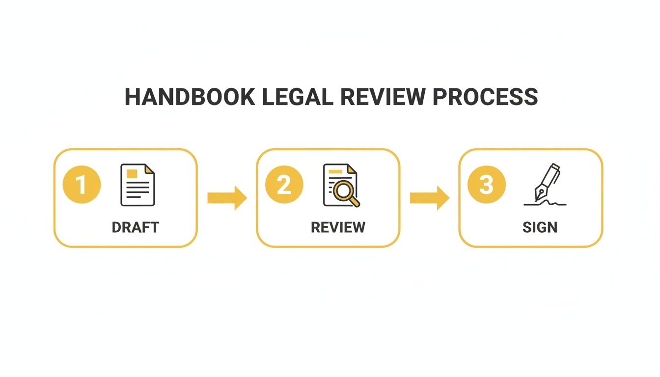 Diagram illustrating the three-step handbook legal review process: draft, review, and sign.