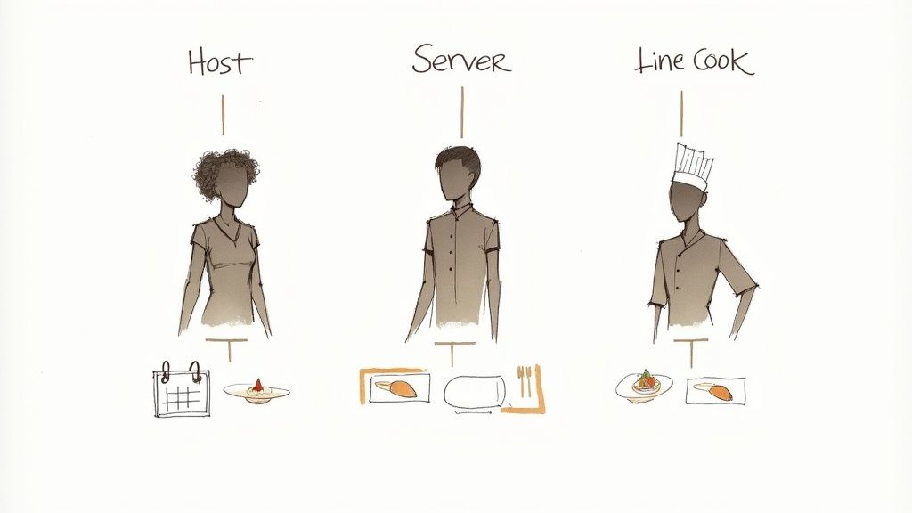 Illustrates restaurant roles: Host, Server, Line Cook, and their respective tasks like reservations and serving food.