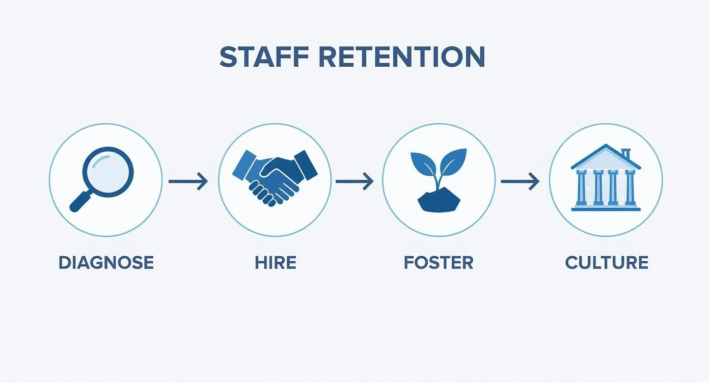 Infographic showing a 4-step process flow for staff retention: Diagnose, Hire, Foster, and Culture