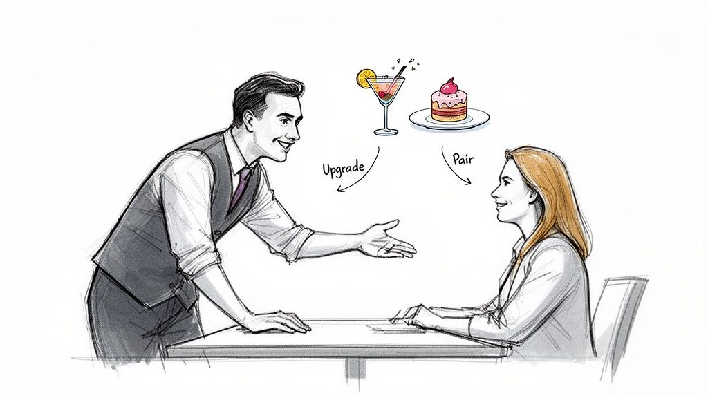 A server offers a customer a drink upgrade or dessert pairing in a restaurant.