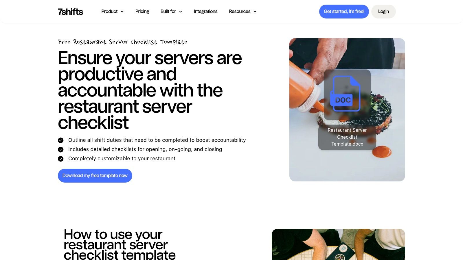 A screenshot of the 7shifts server checklist template, showing sections for opening, on-shift, and closing duties.
