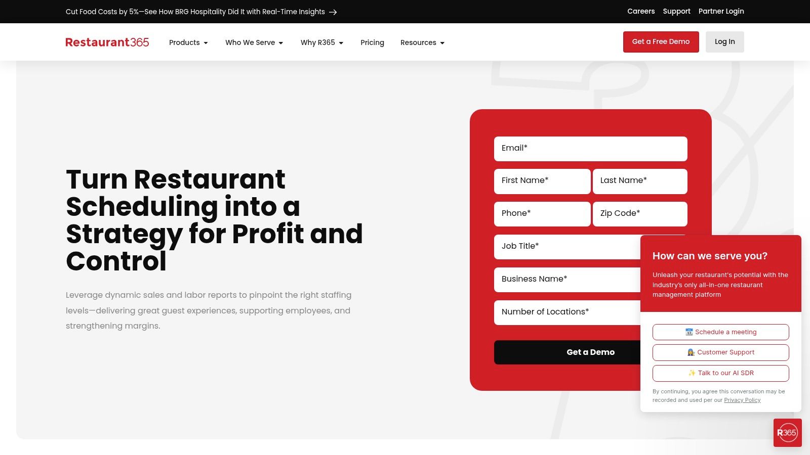A screenshot of the Restaurant365 scheduling interface, displaying employee shifts in a calendar view with labor cost percentages.