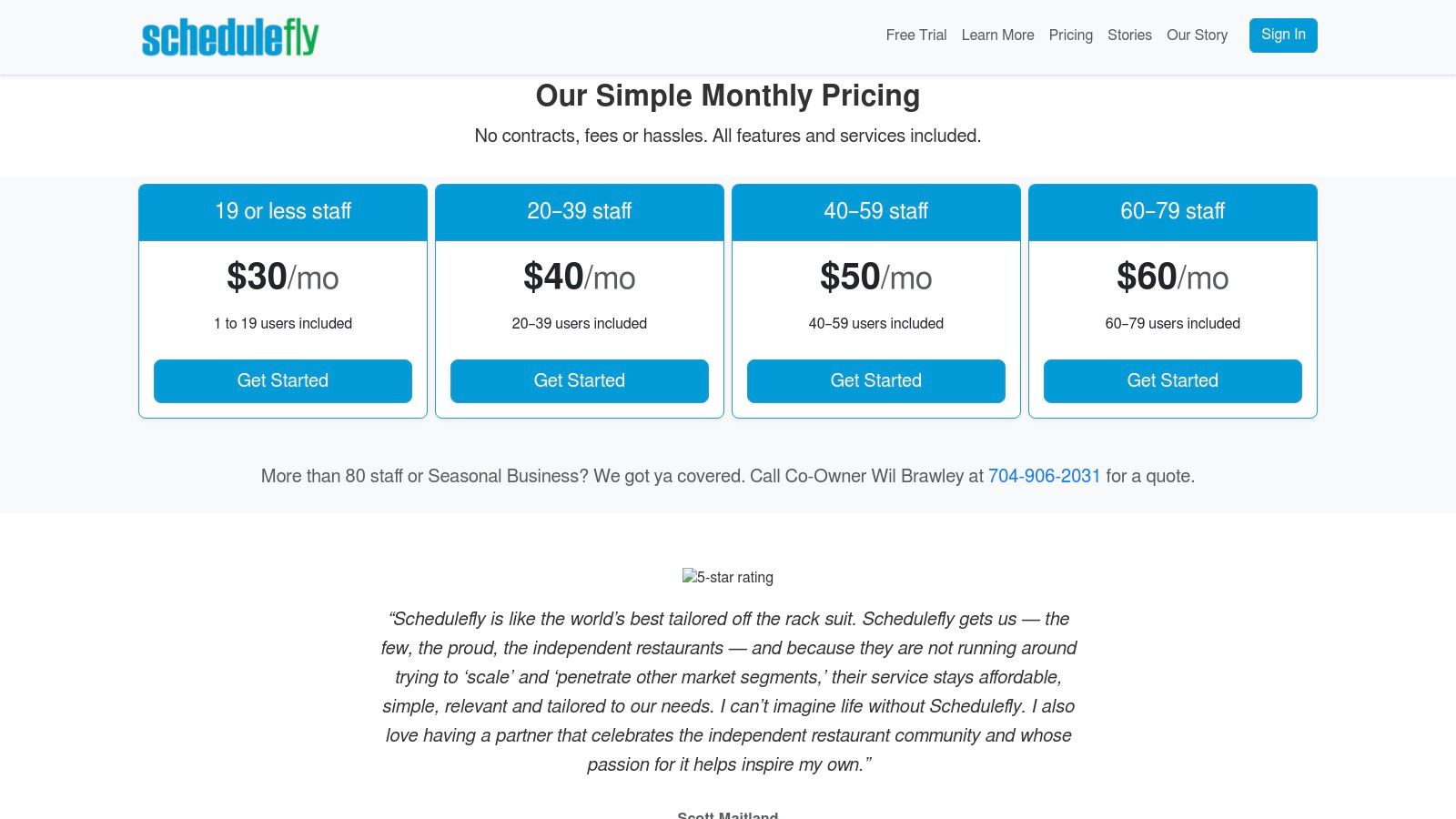 A screenshot of the Schedulefly interface, showing a simple weekly schedule layout with employee names and shift times.