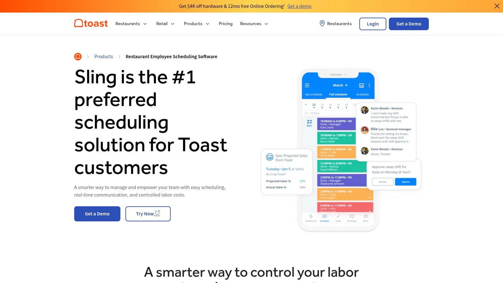 A user managing restaurant employee schedules on the Toast Scheduling platform.
