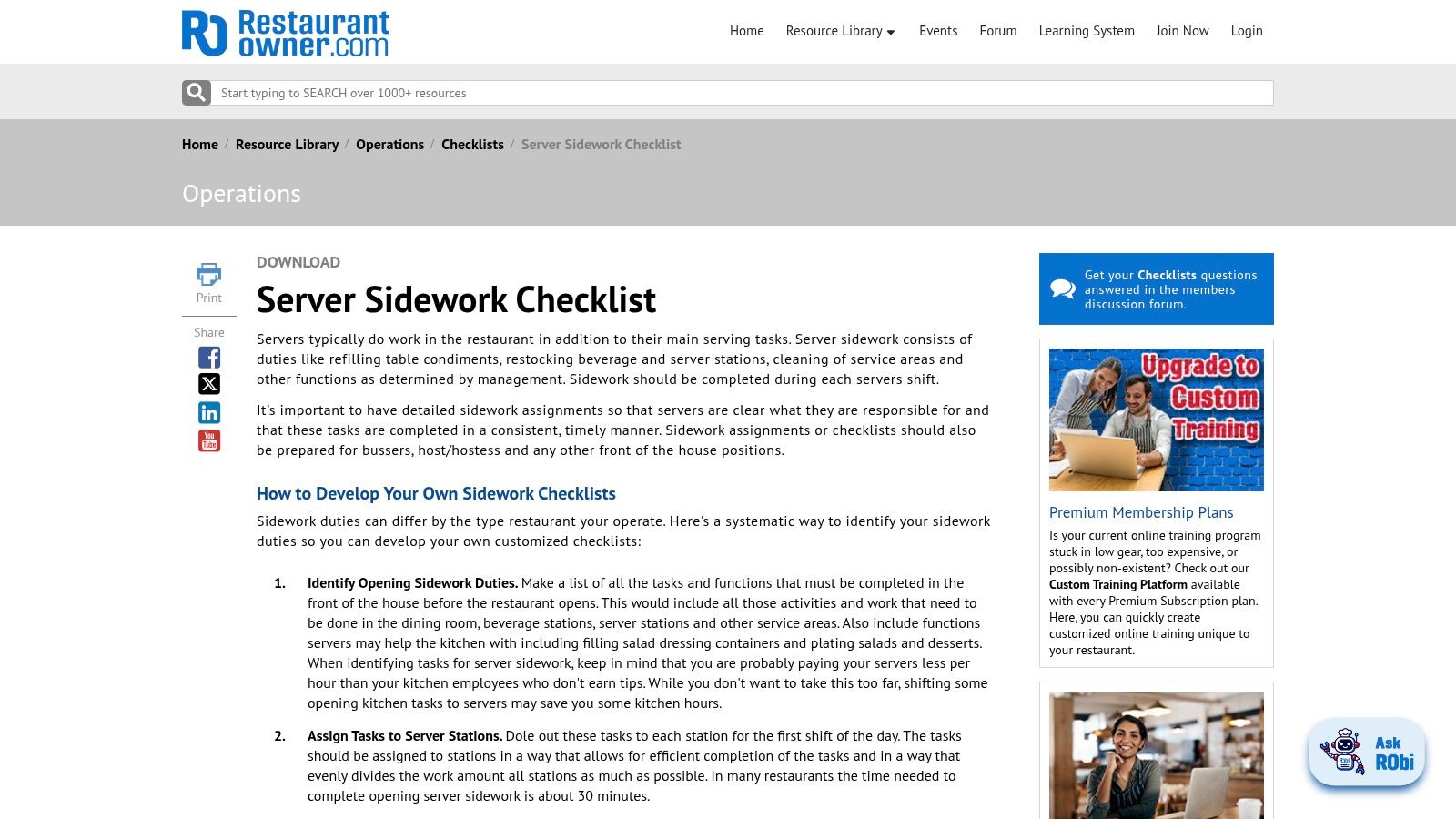 A screenshot of the RestaurantOwner.com webpage showing a downloadable server sidework checklist.