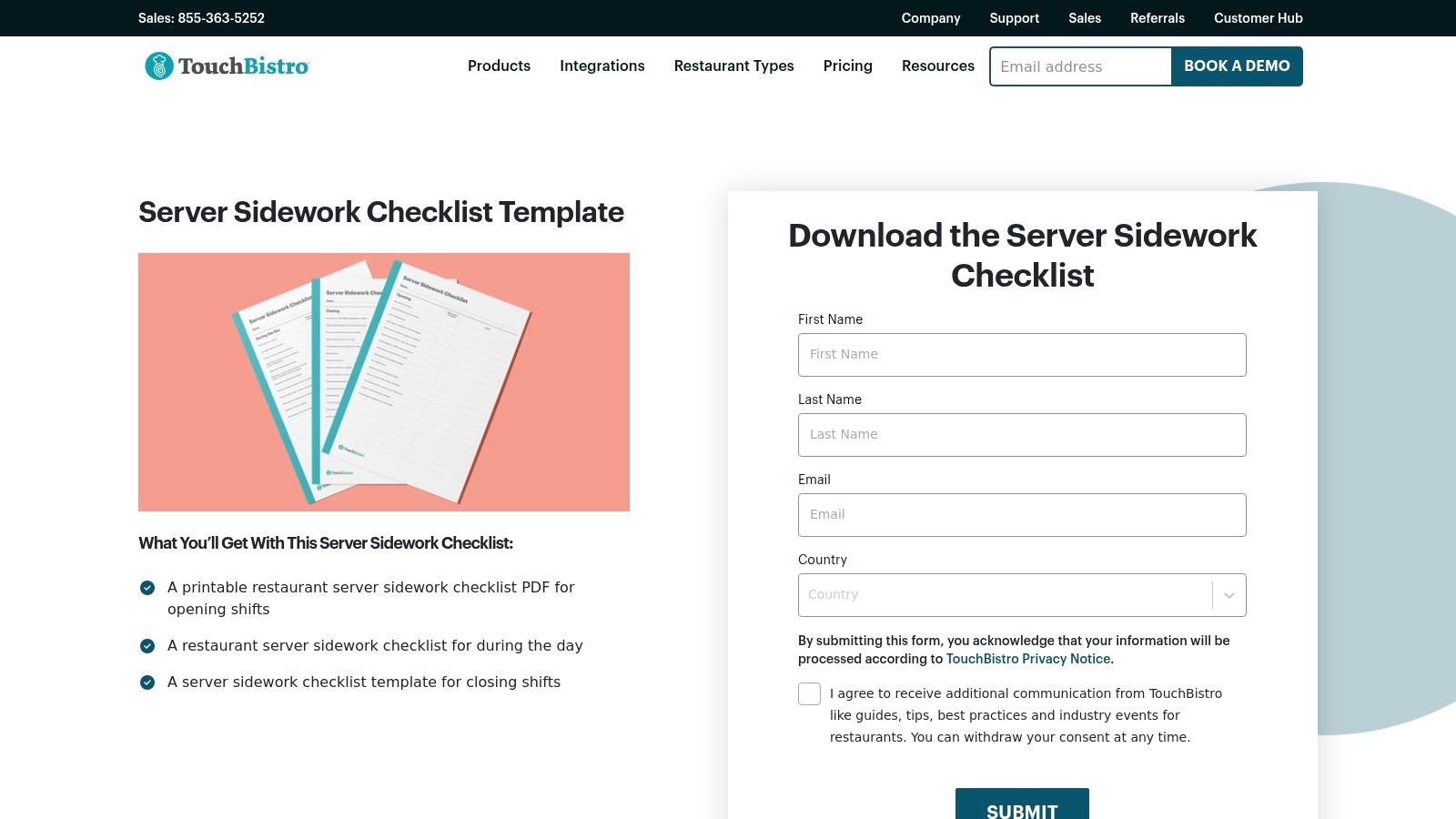 A screenshot of the TouchBistro server side work checklist, detailing tasks for opening and midday shifts.