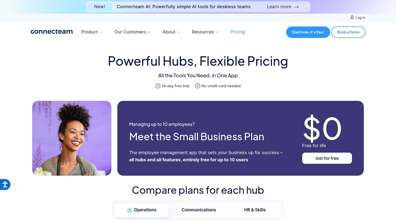 Connecteam dashboard showing employee scheduling and communication features.