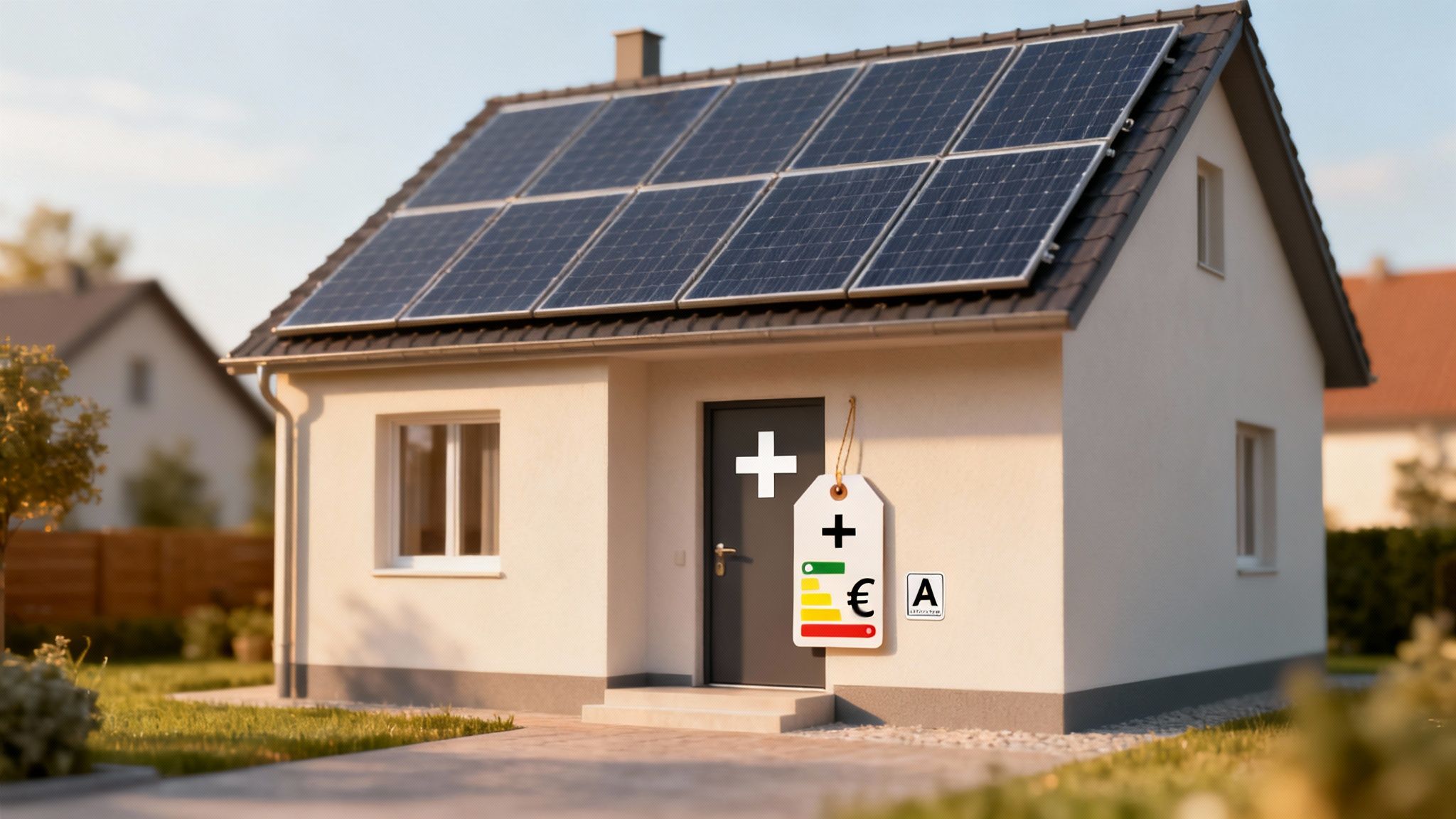 Huis met zonnepanelen op het dak, een energielabel en een plus-symbool op de deur, wat energie-efficiëntie aangeeft.