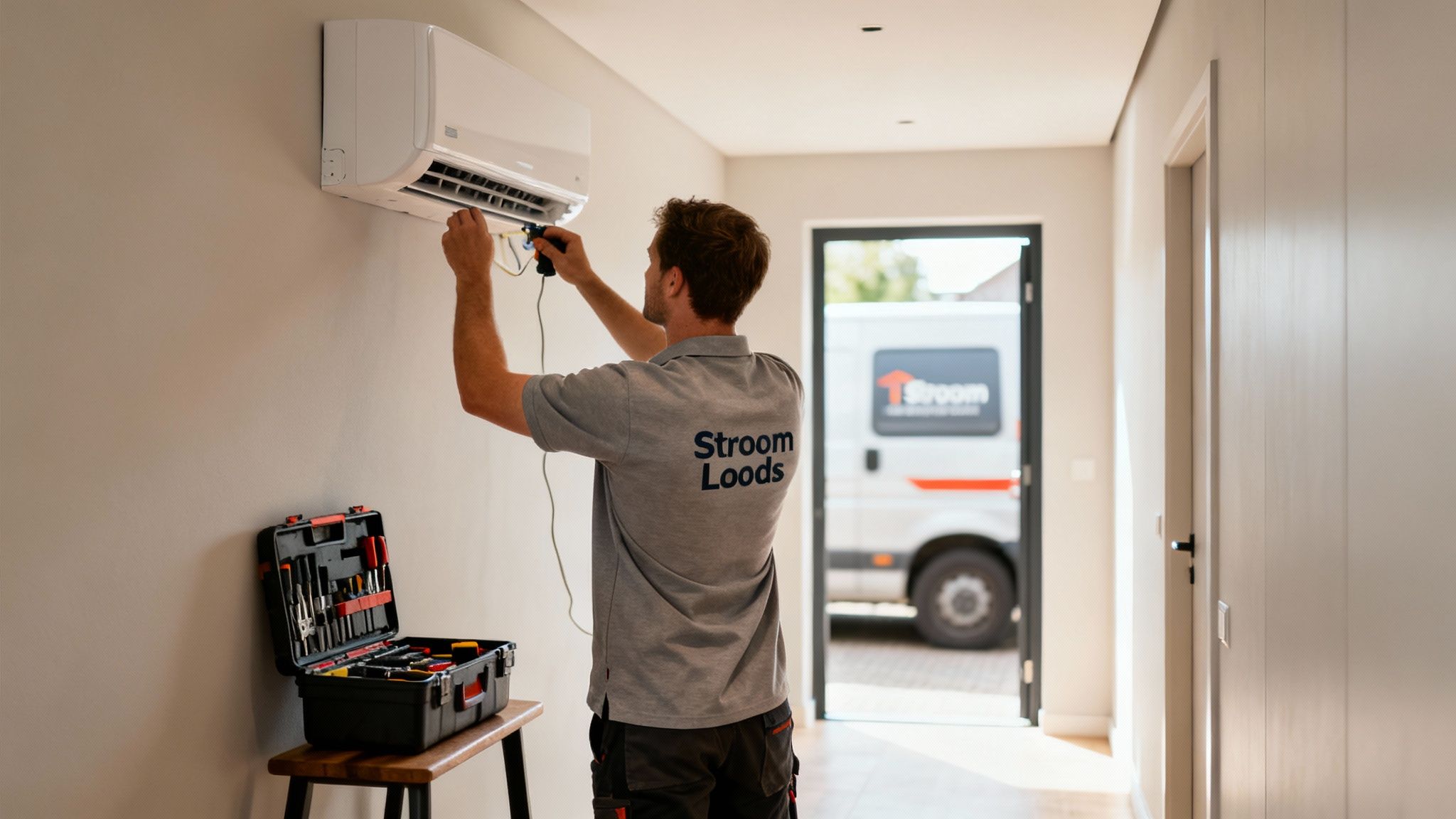 Een professionele monteur installeert een airconditioningunit aan een muur, met gereedschap en een bedrijfswagen op de achtergrond.