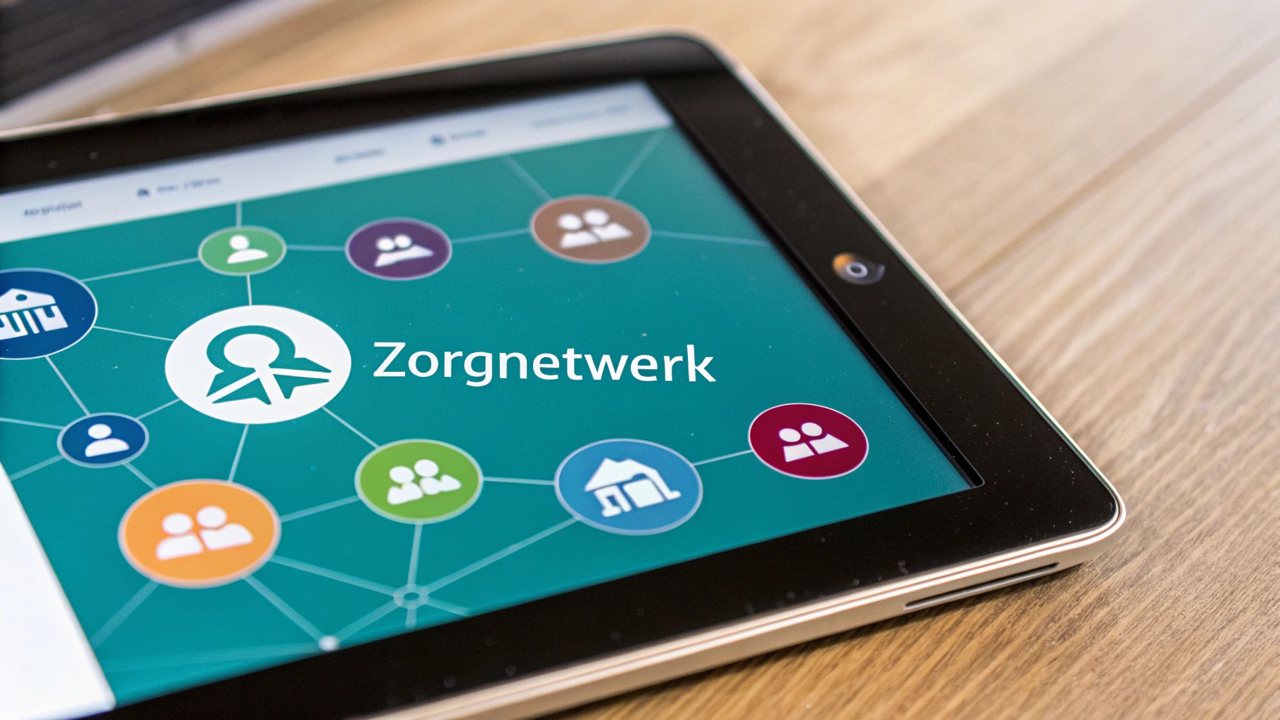Een visuele wegave van een sociaal netwerk op een digitaal apparaat, wat het belang van overzicht in de zorg benadrukt.