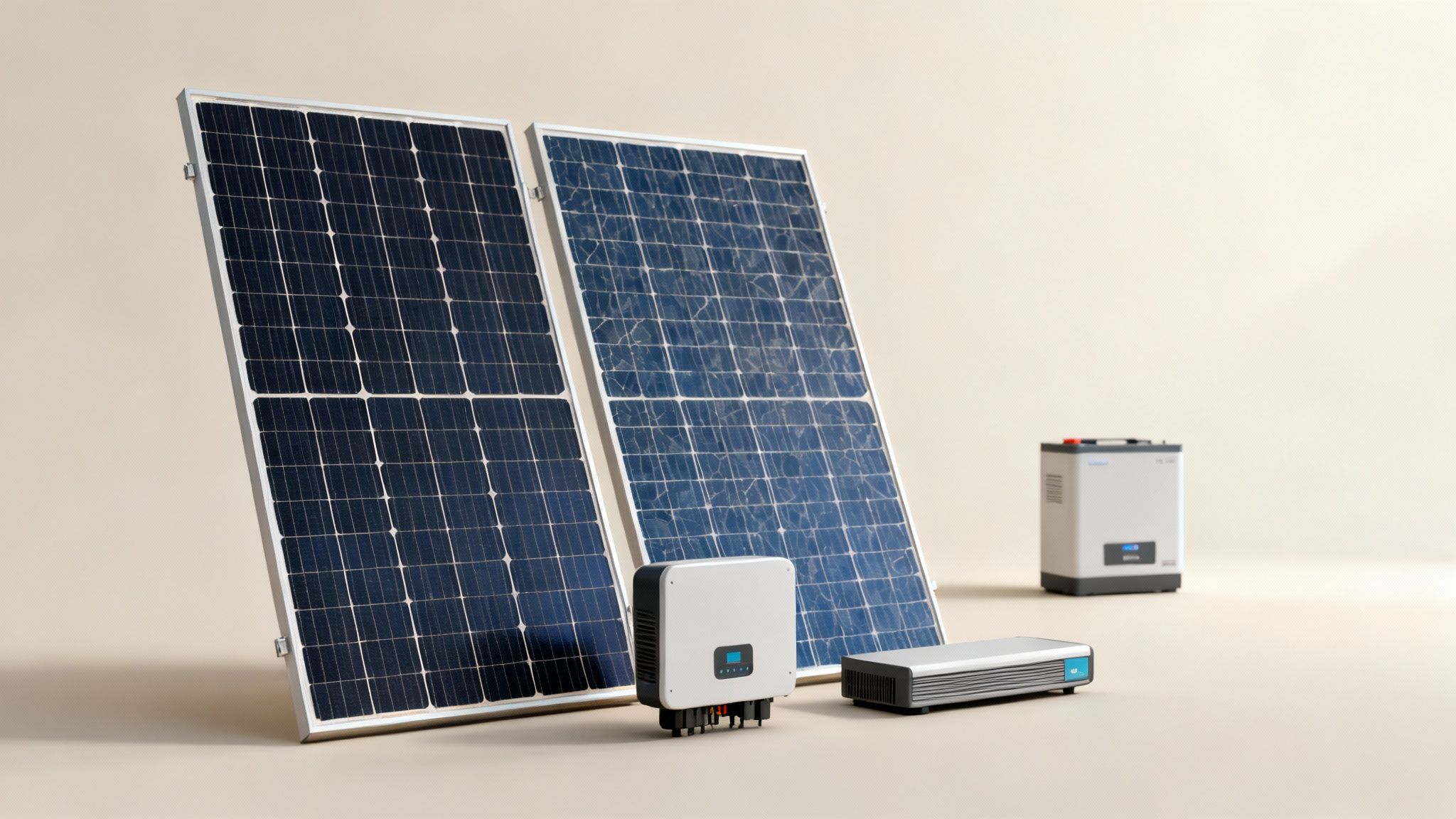 Compleet zonnepanelen systeem met twee panelen, omvormer en batterijopslag units op neutrale achtergrond