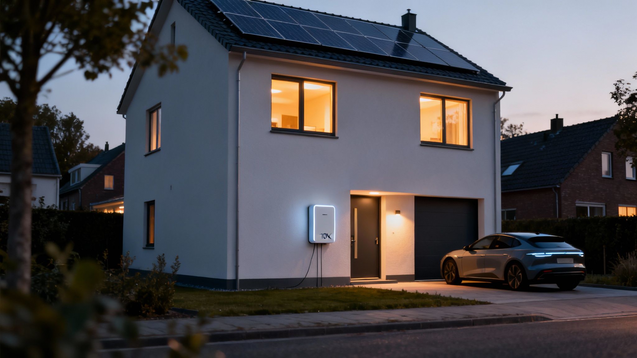 Modern huis met zonnepanelen op het dak, een thuisbatterij en een elektrische auto die oplaadt bij schemering.
