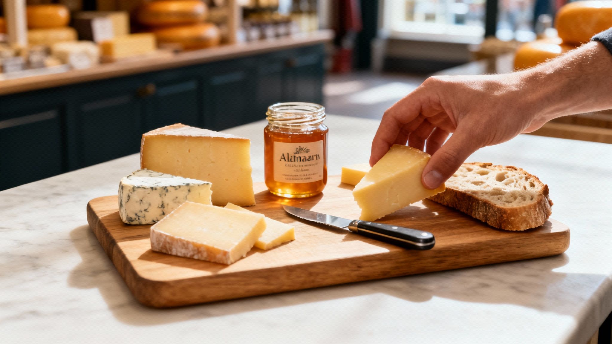 Twee glazen met lokaal gebrouwen bier en een plank met kaas.