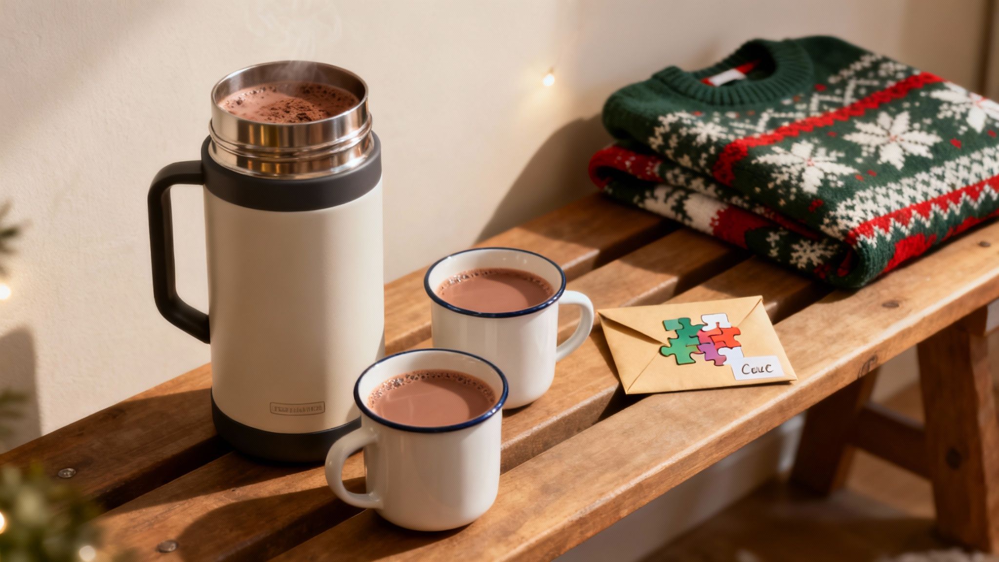 Een familie wandelt lachend door een sfeervol verlichte kerstmarkt in de avond.